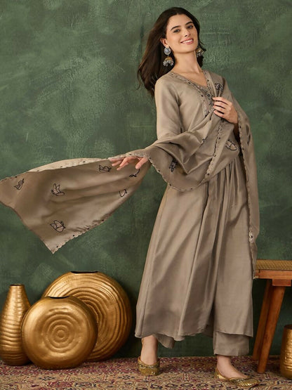 The52 Women's Gorgeous Embroidery Work Vichitra SIlk Fabric Flared Anarkali Pant and Dupatta Set