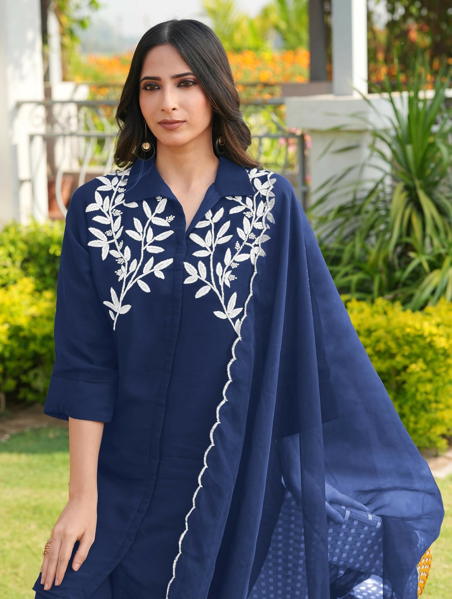 Nikhaar Navy Blue Embroidered Viscose Georgette Stitched Straight Cut Kurta Culottes Dupatta Readymade Suit