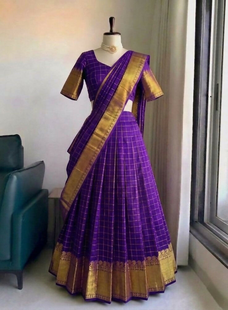 Teeya Creation Royal Purple Checkered Silk Lehenga Choli with Rich Gold Zari Border