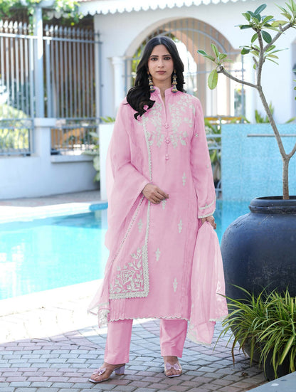 Nikhaar Light Pink Embroidered Modal Silk Stitched Straight Cut Kurta Pants Dupatta Readymade Suit