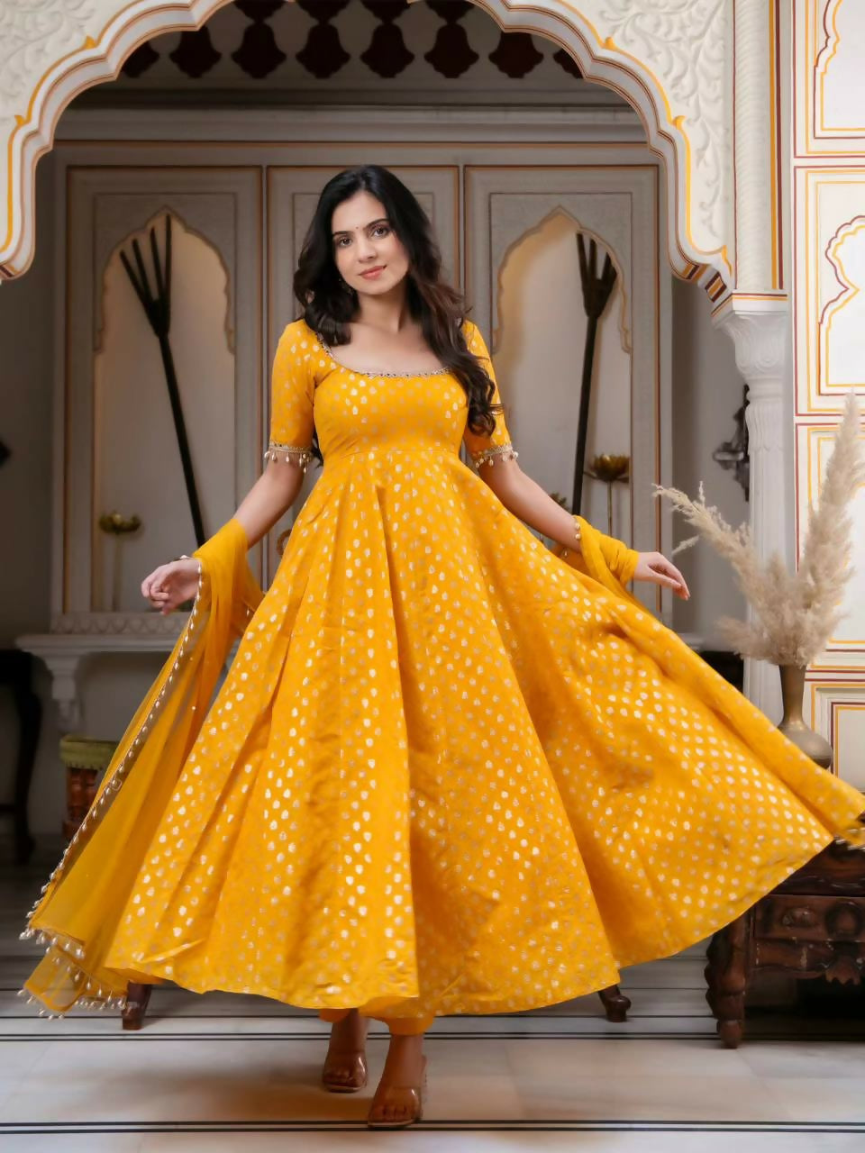 Teeya Creation Mustard Yellow Anarkali Gown With Foil Print Work - Festive Ethnic Wear Set