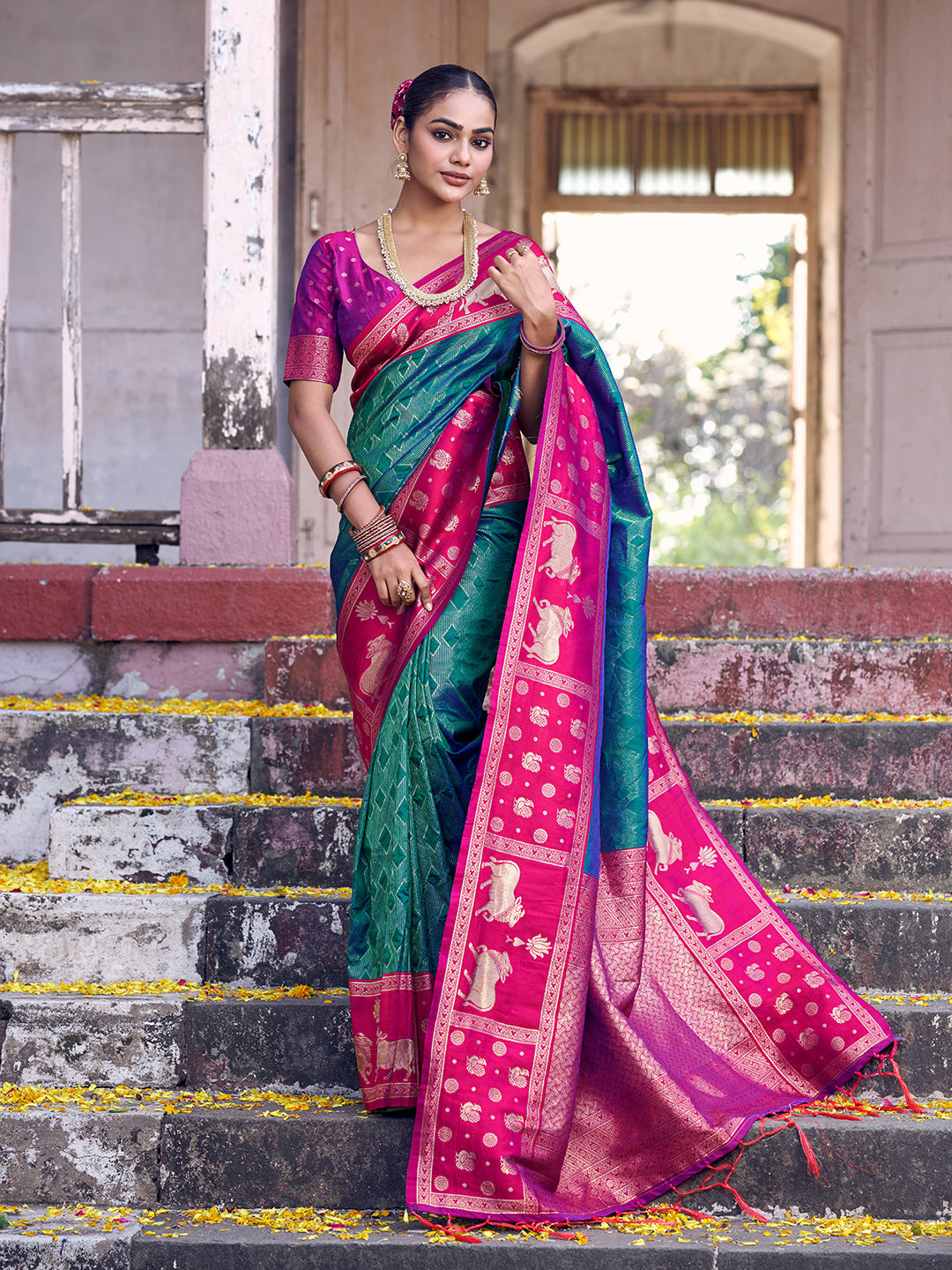Anaita Rama Soft Silk Woven Saree With Blouse