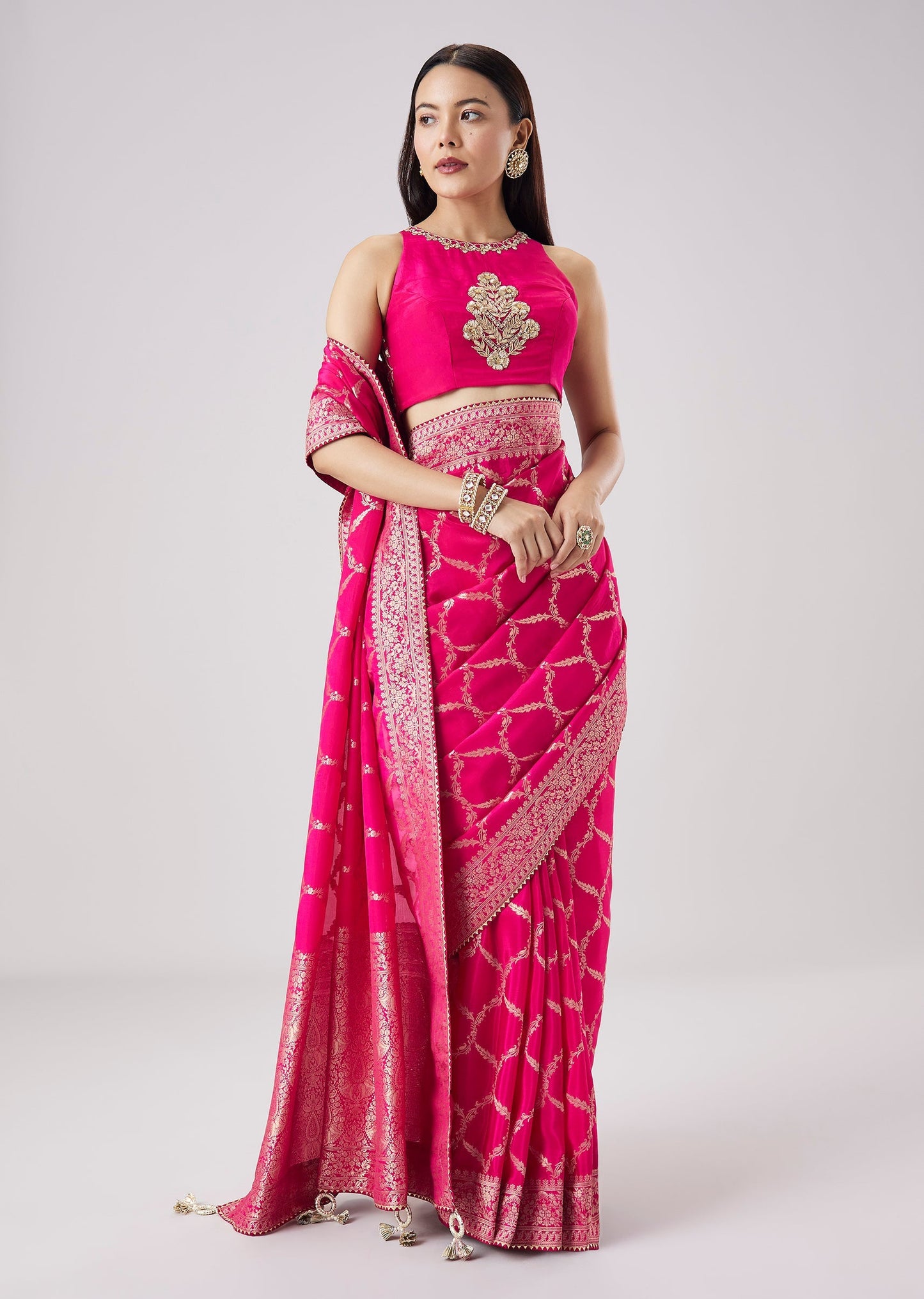 Rani Pink Abstract Woven Saree With Unstitched Blouse