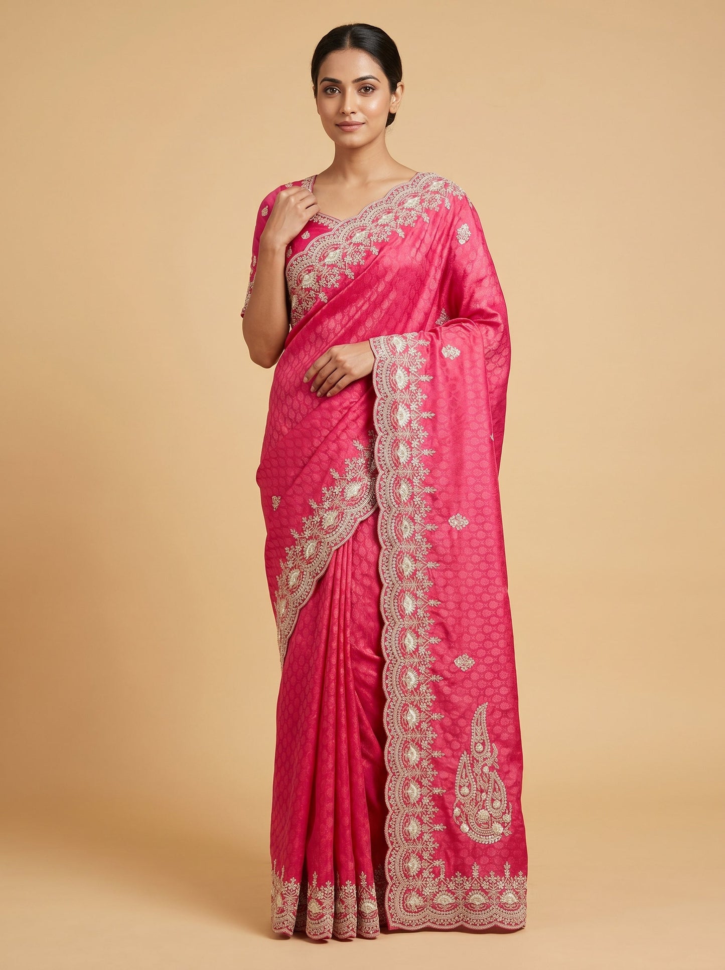 Rani Pink Blend Embroidered Saree