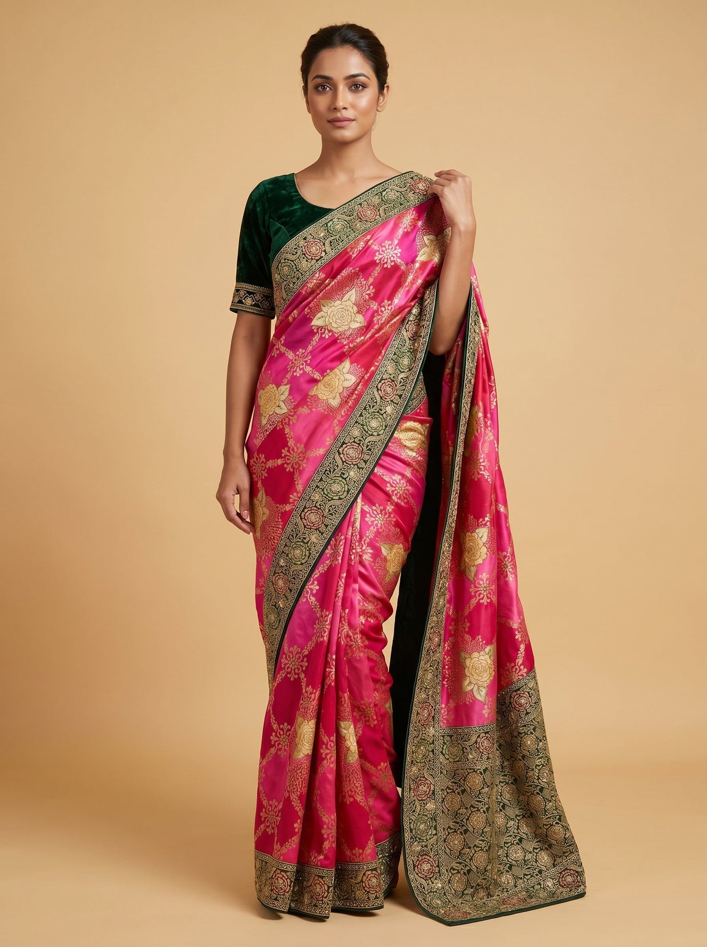 Rani Pink Bright Tone Embroidered Saree