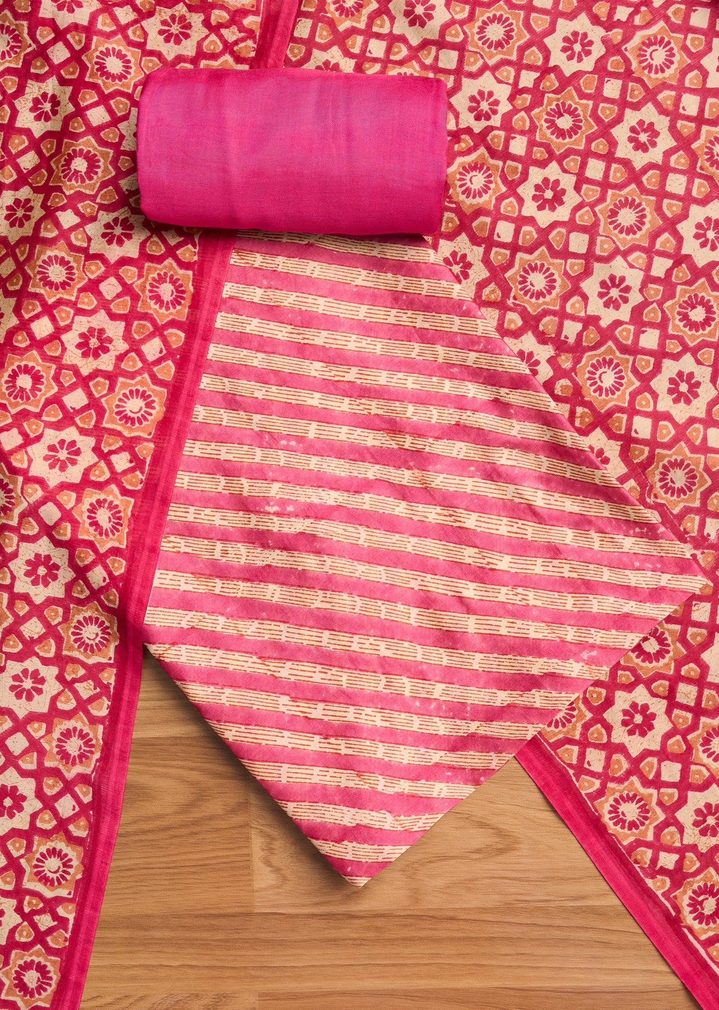 Rani Pink Chanderi Printed Unstitched Suit Set