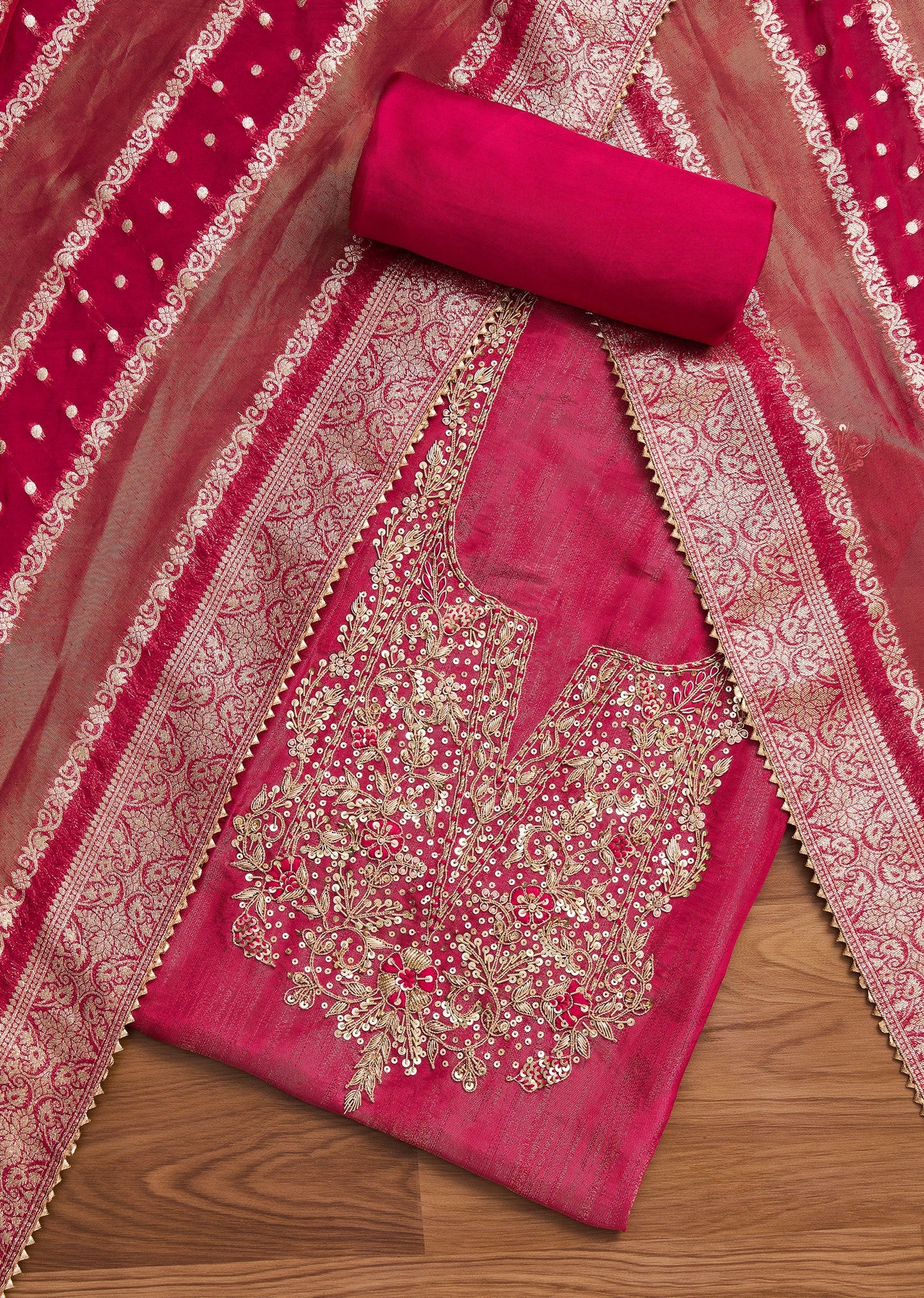 Rani Pink Crepe Unstitched Suit With Dupatta and Bottom Fabric