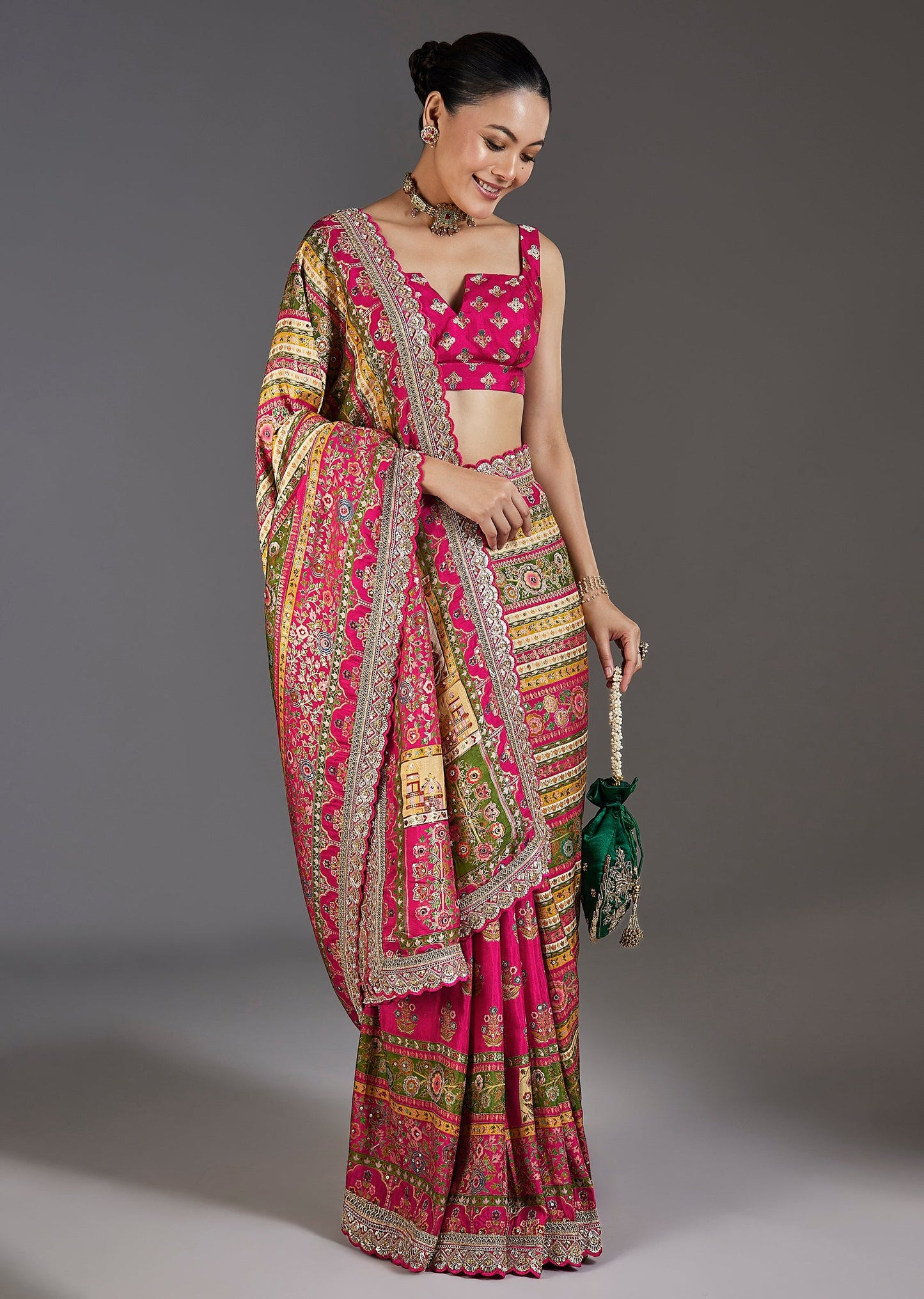 Rani Pink Dola Silk Printed Saree