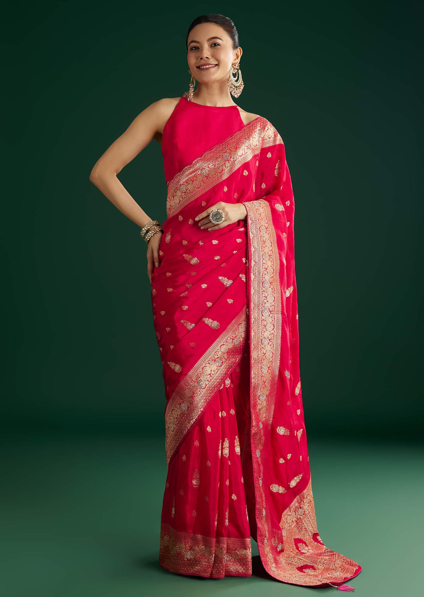 Rani Pink Dola Silk Saree With Zari And Stone Embellishments