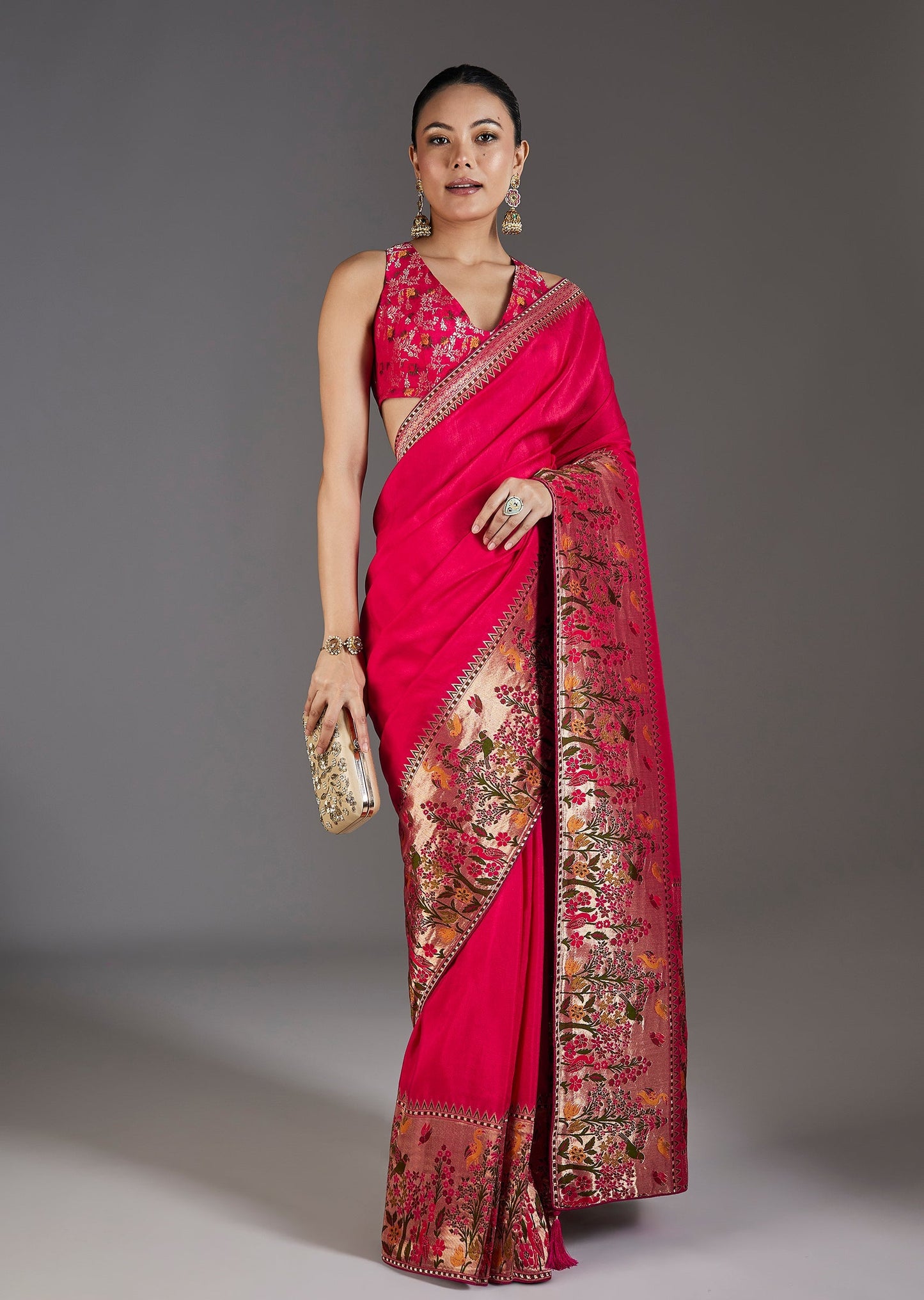 Rani Pink Dola Silk Saree With Zari Border