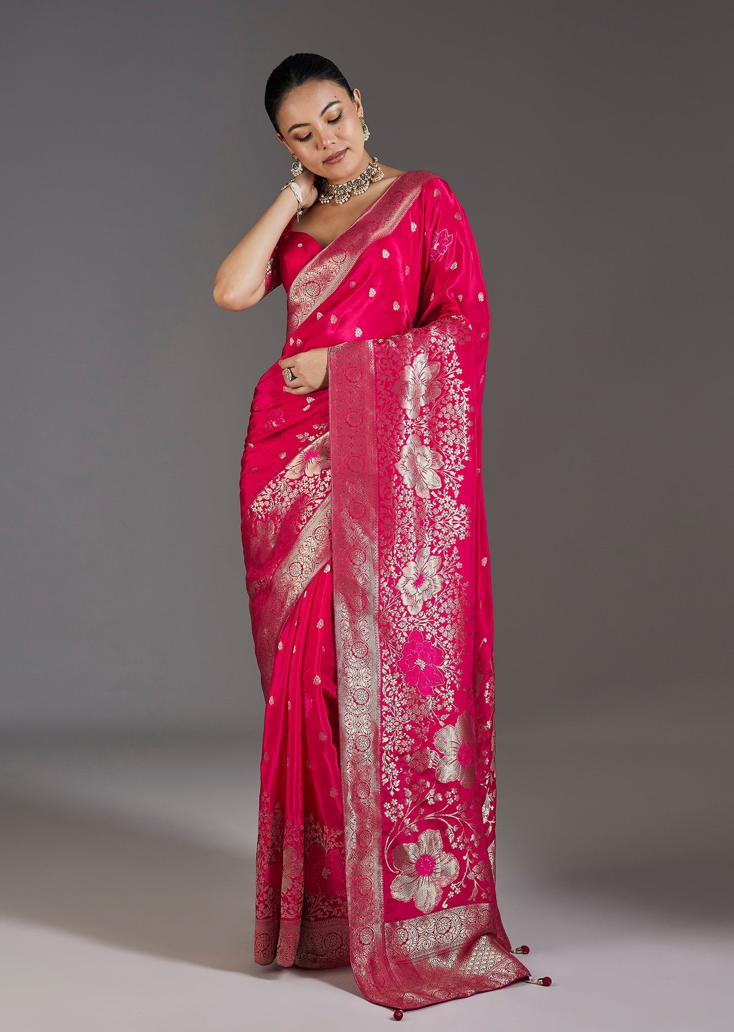 Rani Pink Dola Silk Saree With Zari Butti