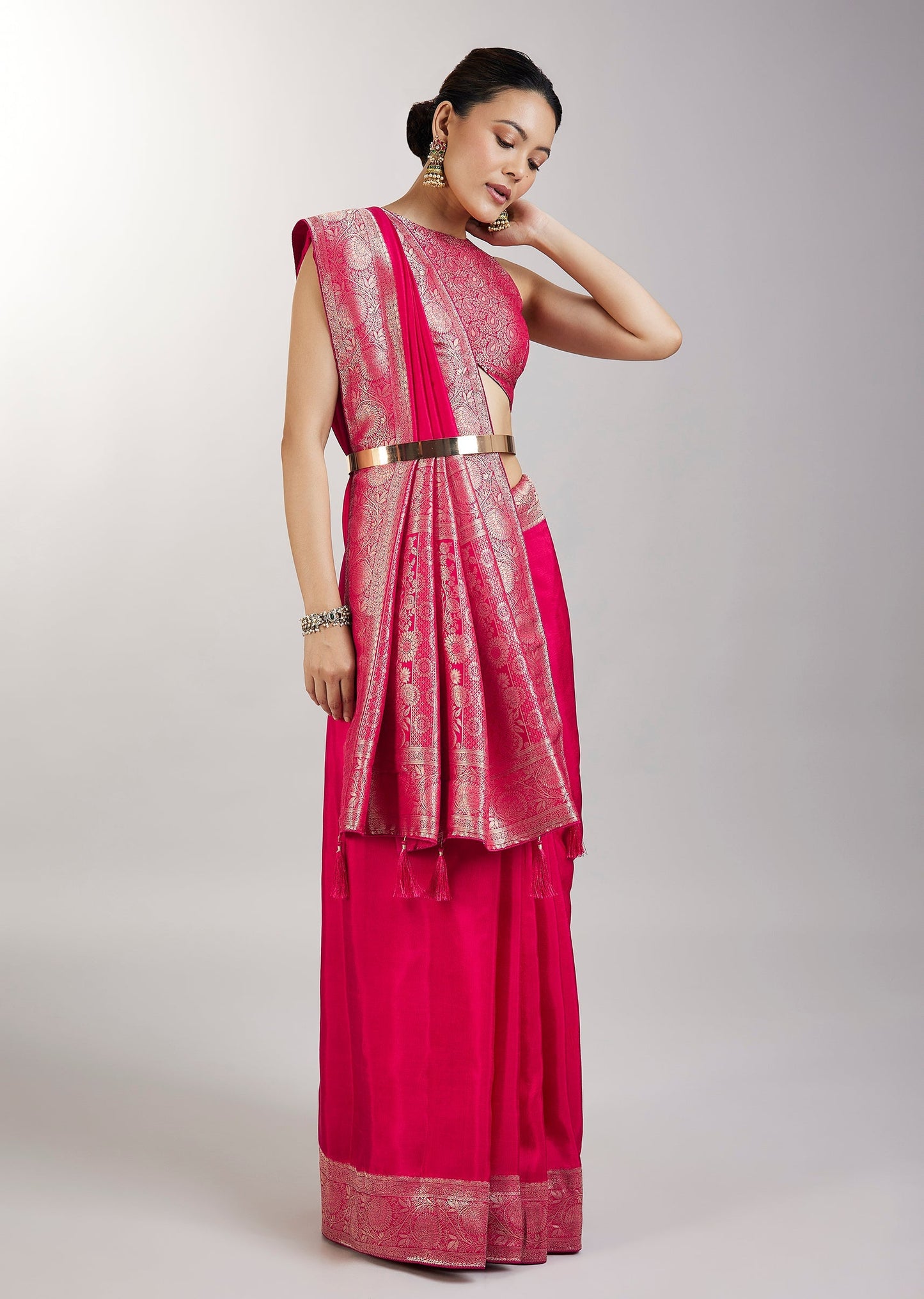 Rani Pink Zari Woven Dola Silks Saree