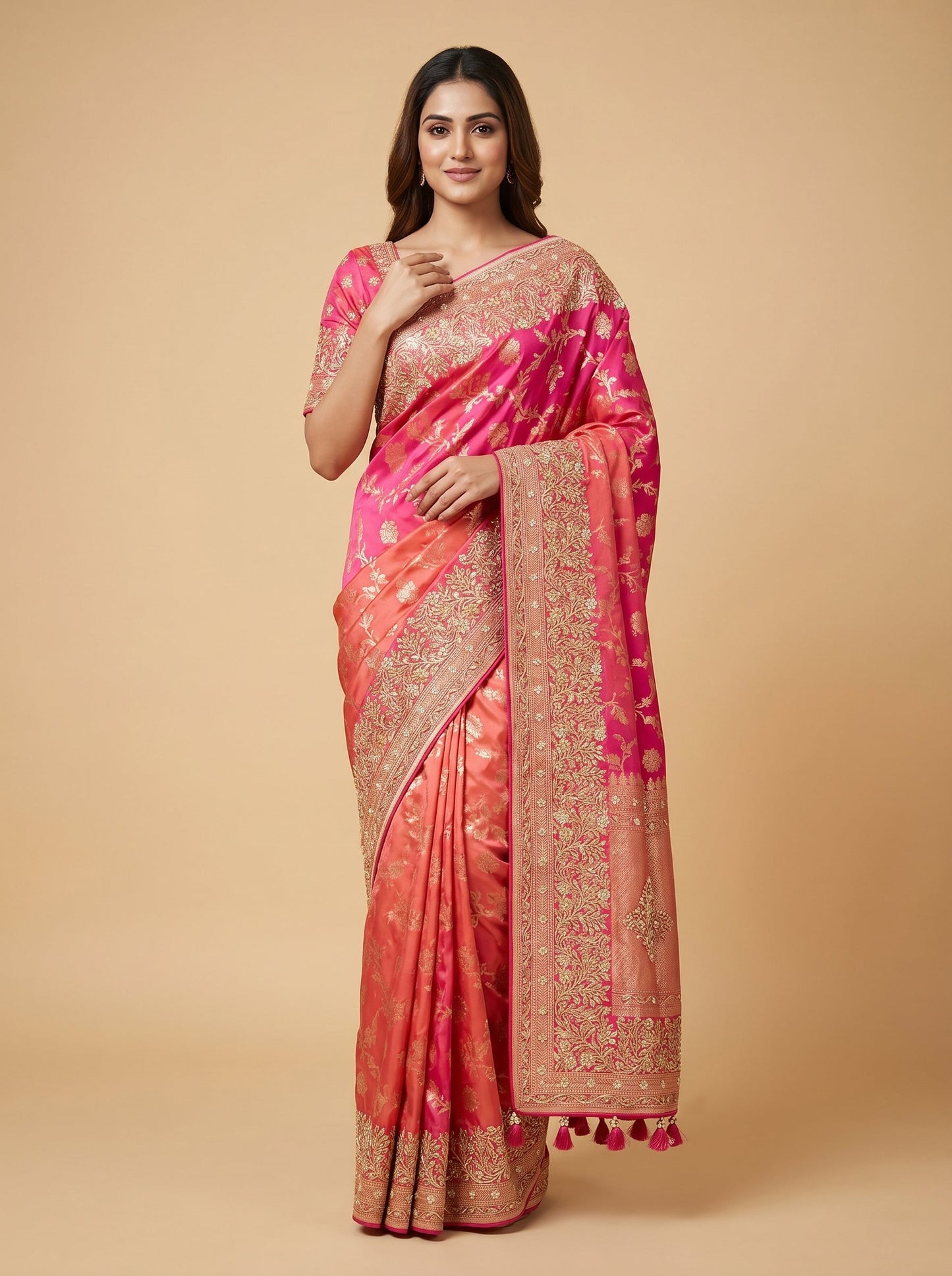 Rani Pink Dramatic Threadwork Saree