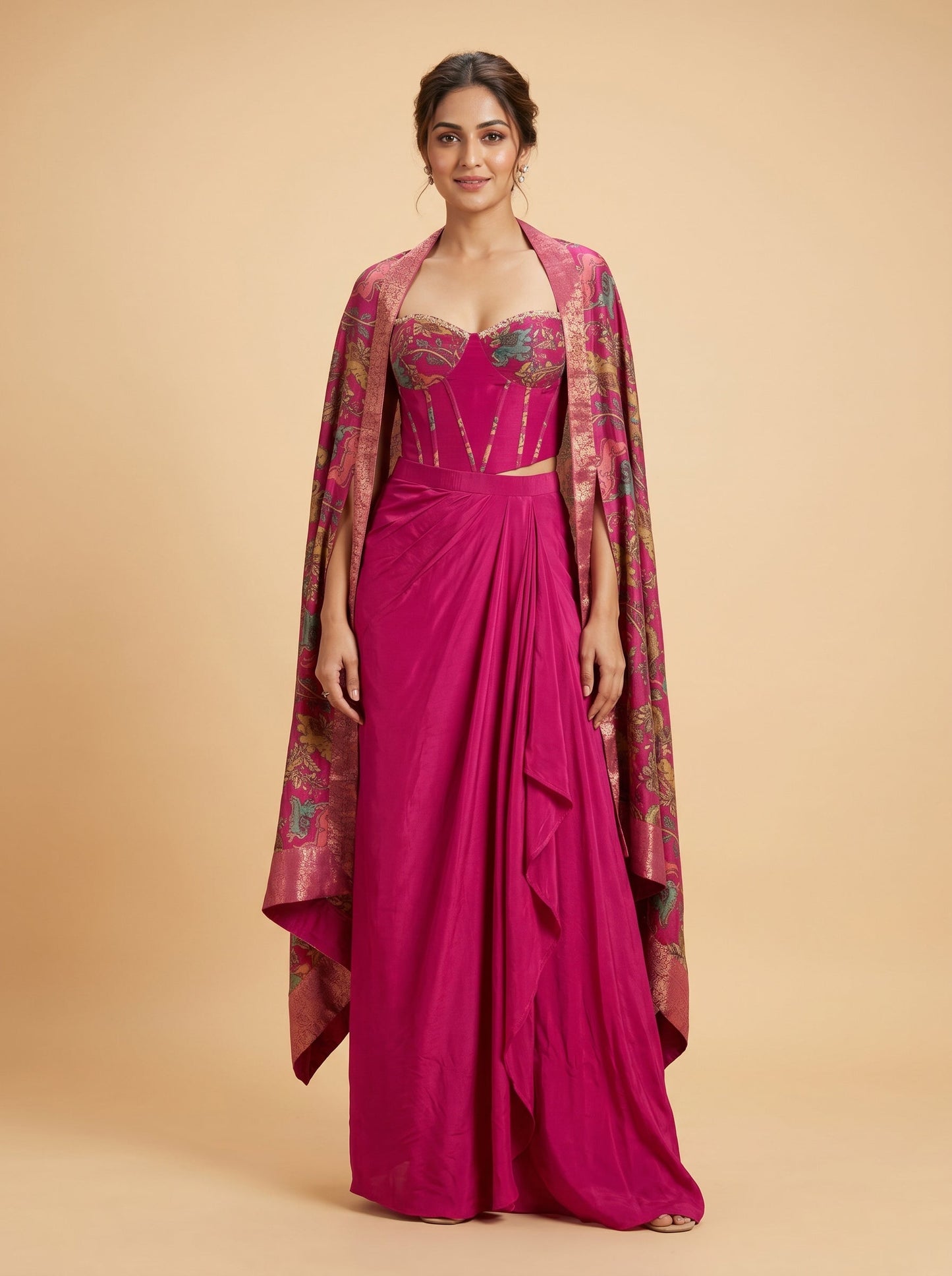 Rani Pink Draped Indowestern Jacket Set With Embroidered Cape