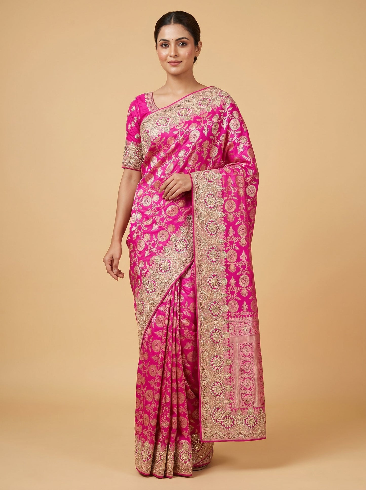 Rani Pink Embroidered Saree