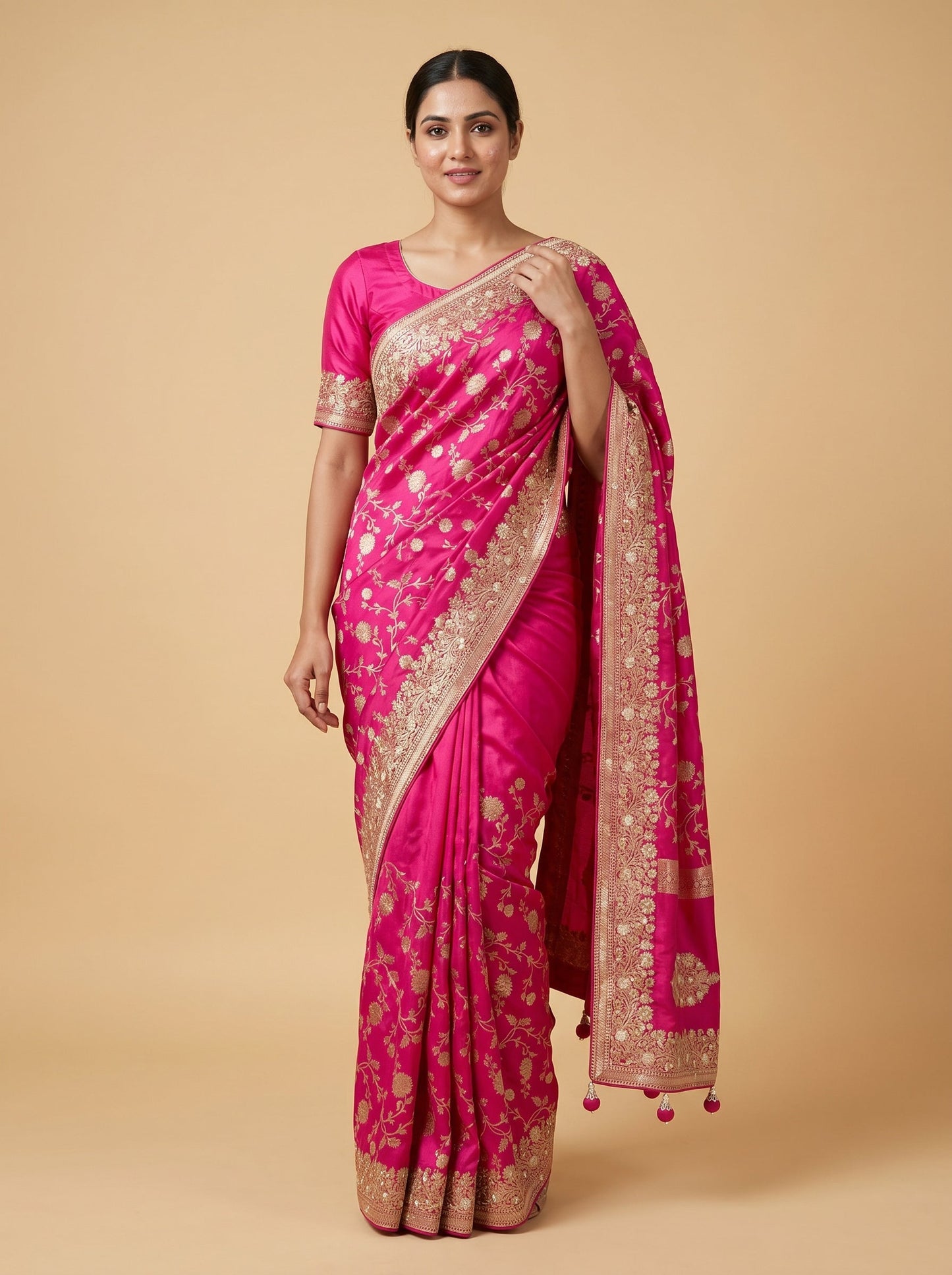 Rani Pink Embroidered Saree with Bold Artistry