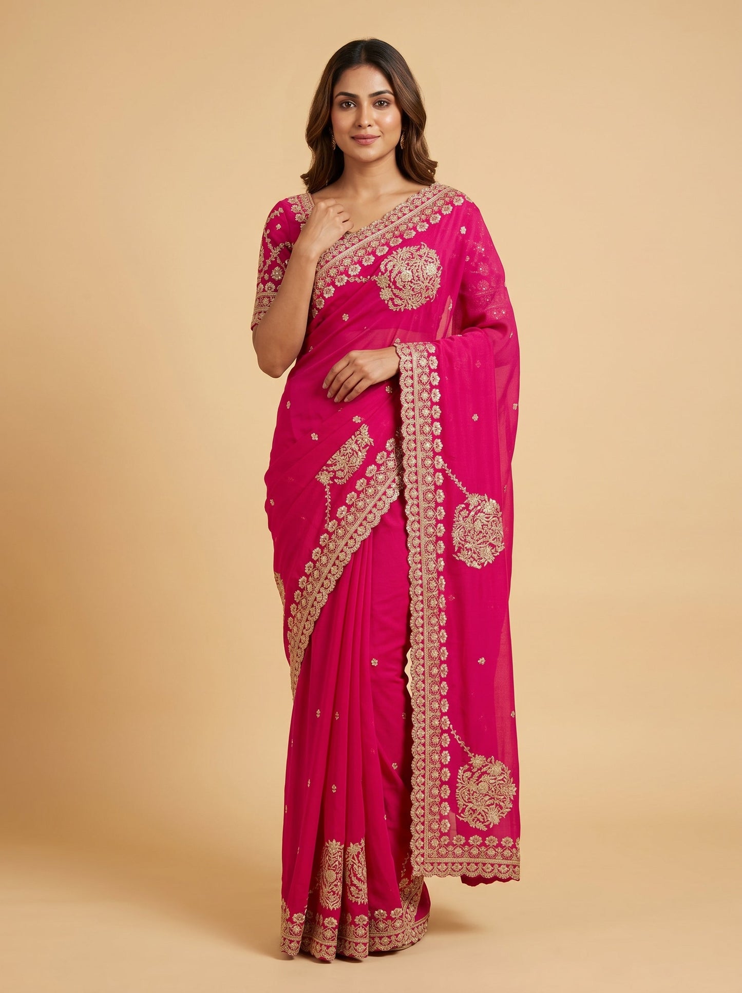 Rani Pink Embroidered Saree with Statement Detailing