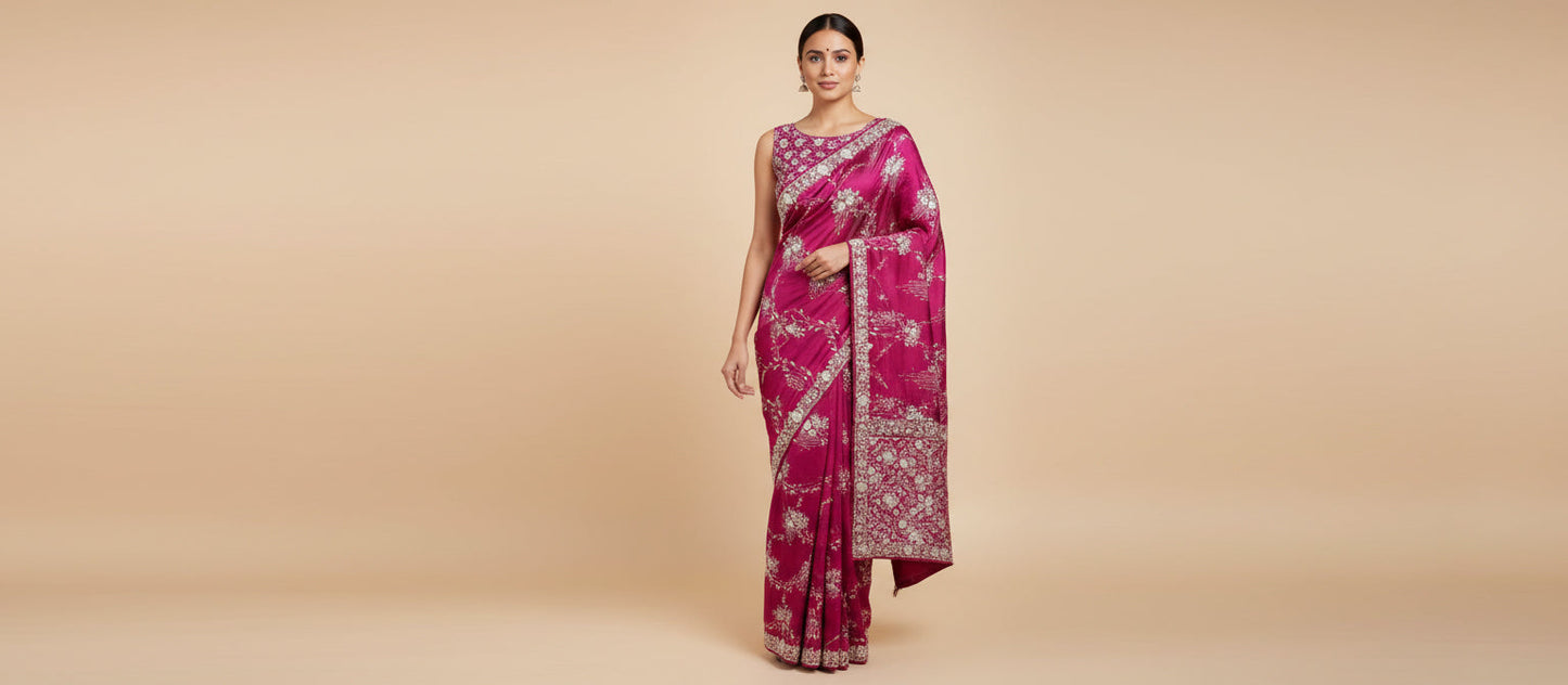 Rani Pink Celebratory Embroidered Saree