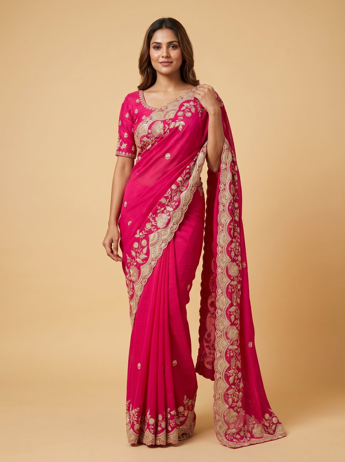 Rani Pink Festive Glow Embroidered Saree