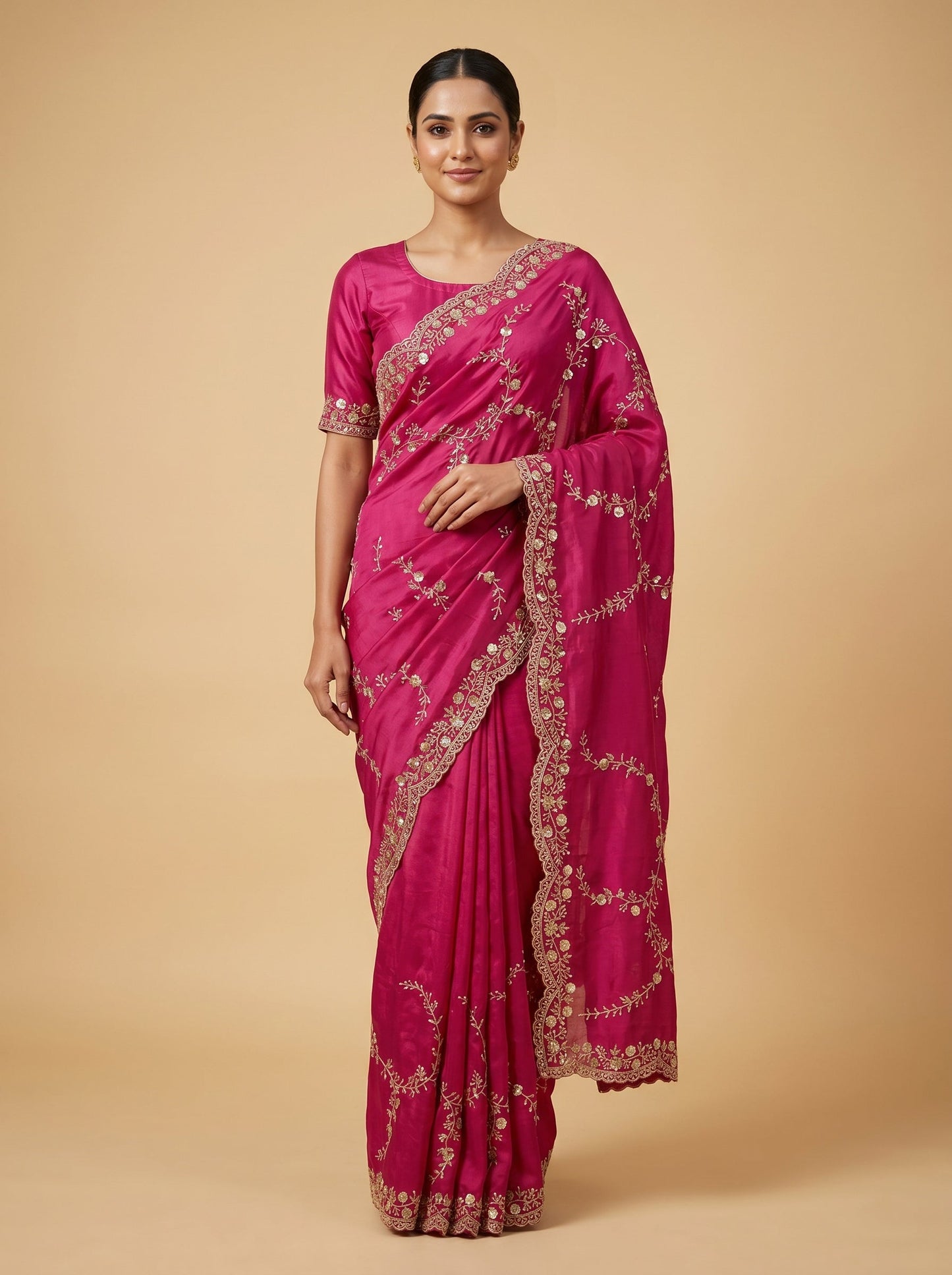 Rani Pink Festive Shine Embroidered Saree