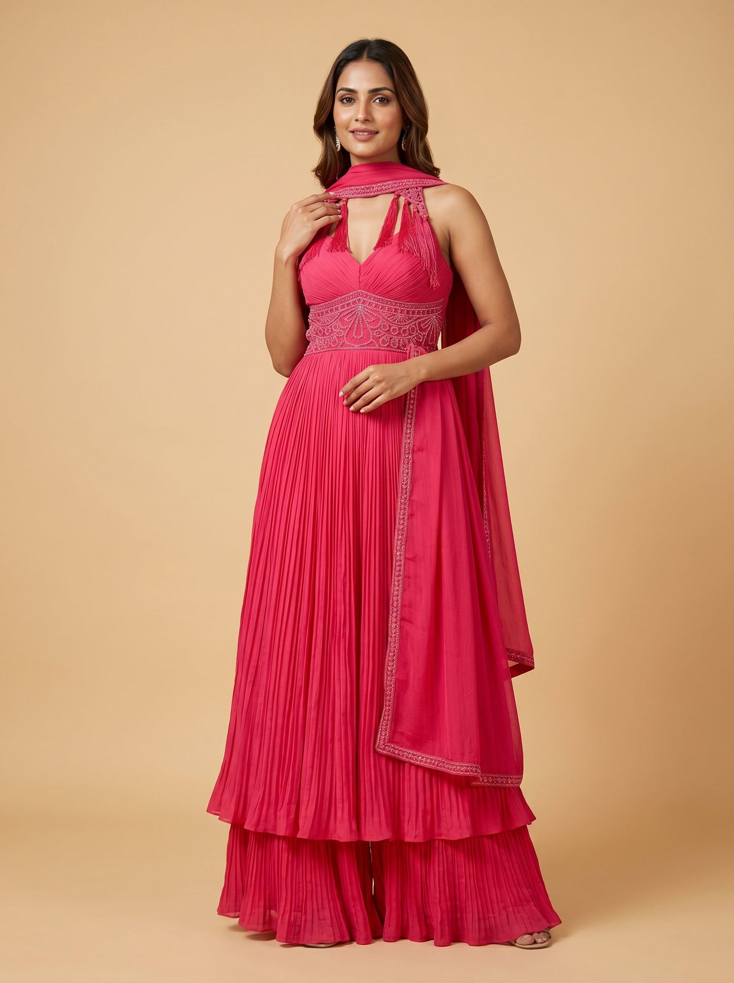 Rani Pink Flared Georgette Anarkali Pant Set
