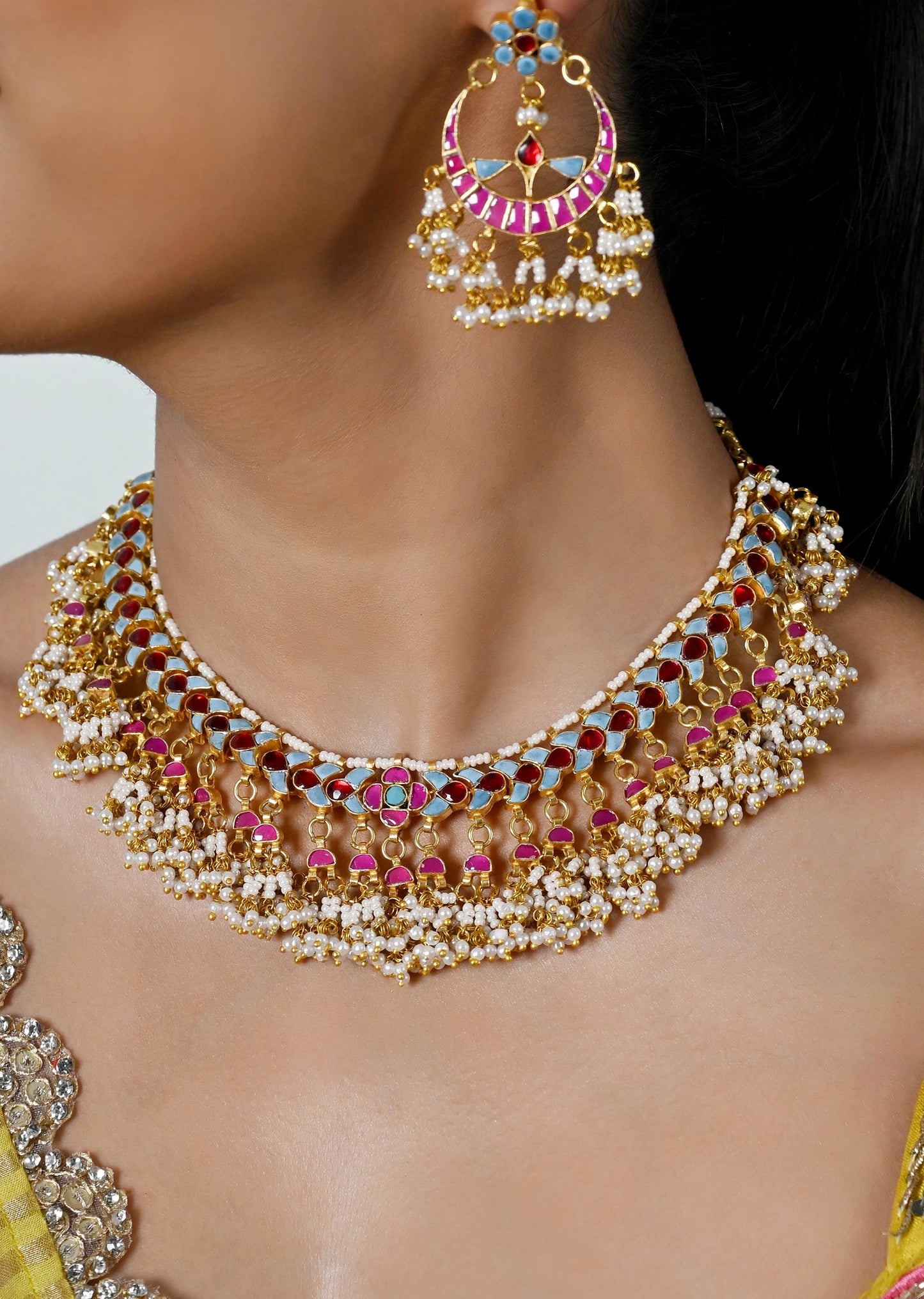 Rani Pink Kundan Necklace Set With Earrings