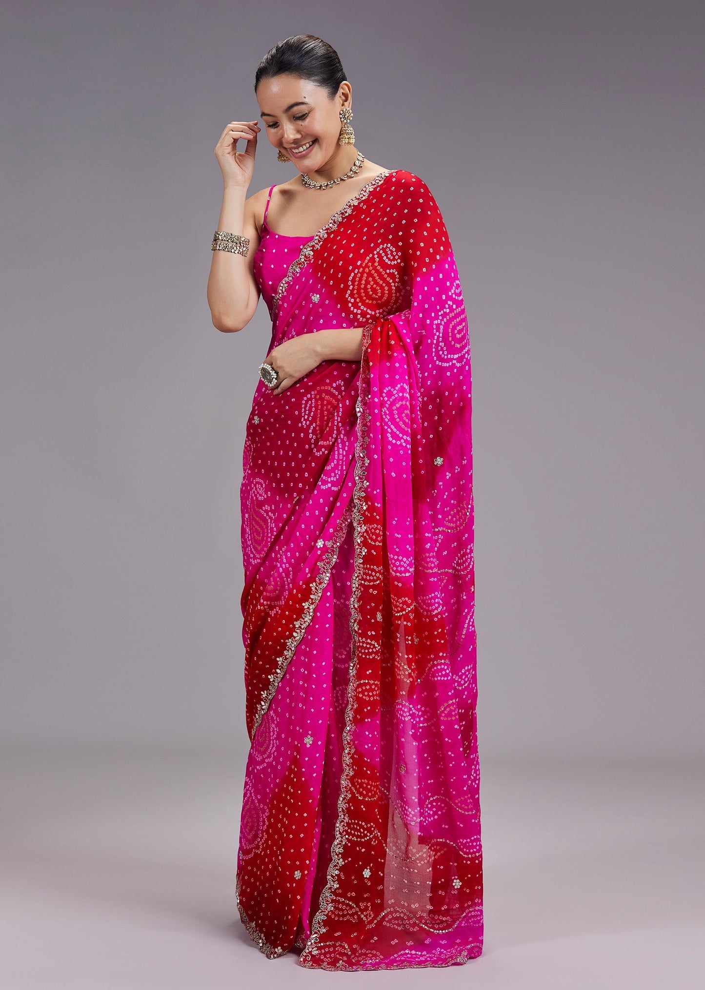 Rani Pink Ombre Hand TieDye Bandhani Georgette Saree With Gota Patti Border