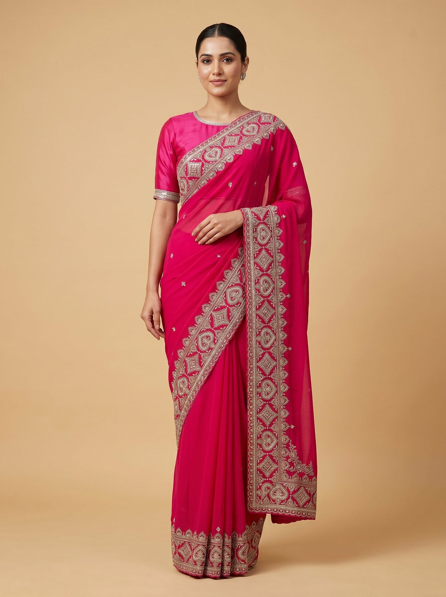 Rani Pink Regal Bloom Embroidered Saree