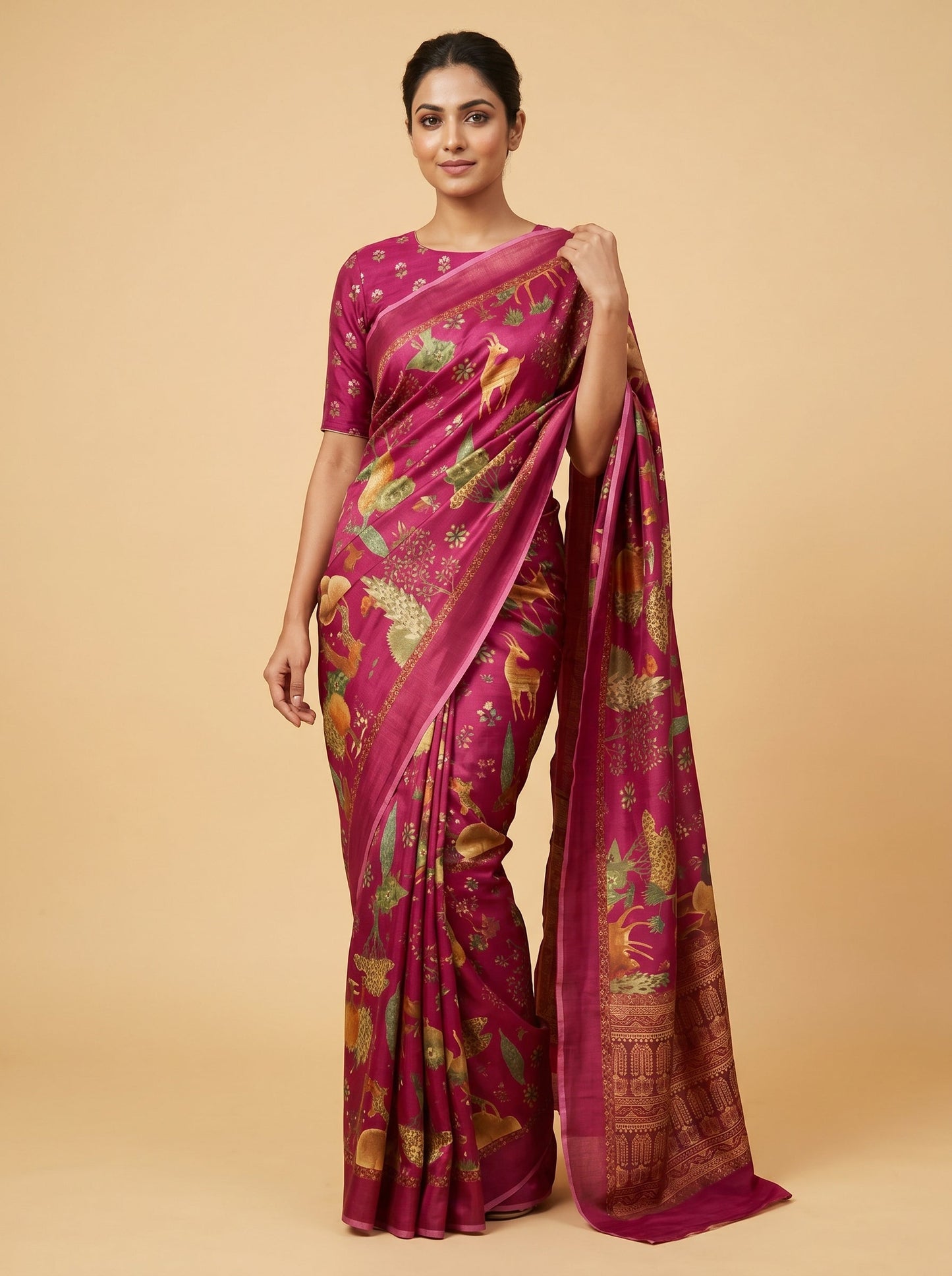Rani Pink Vibrant Printed Saree