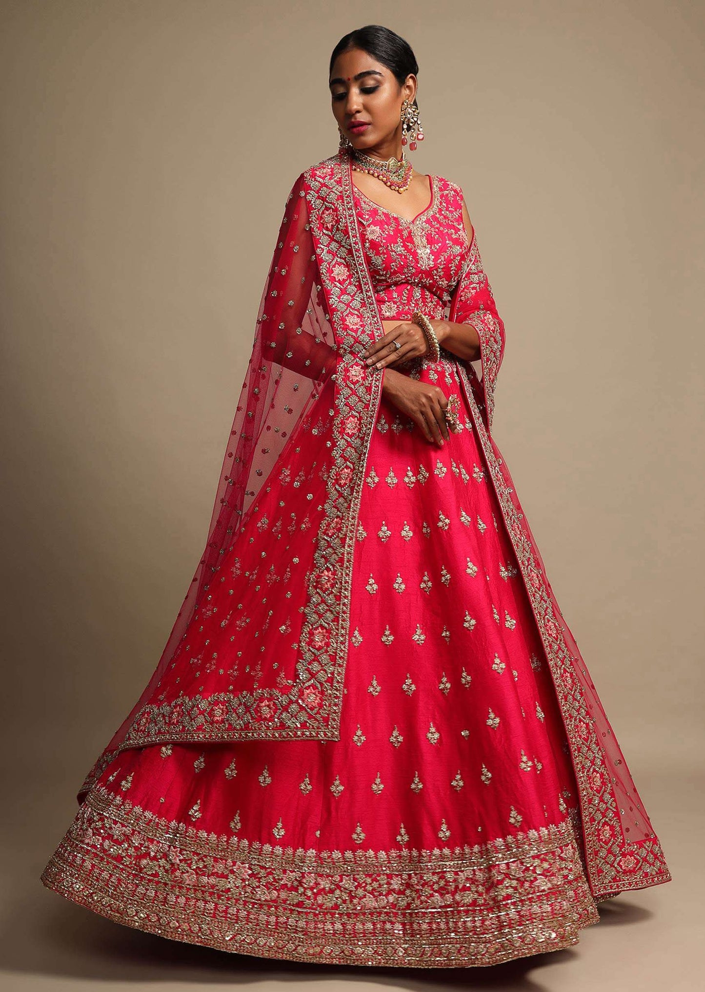 Rani Pink Lehenga Choli With Resham Embroidered Floral Border And Sequins Buttis