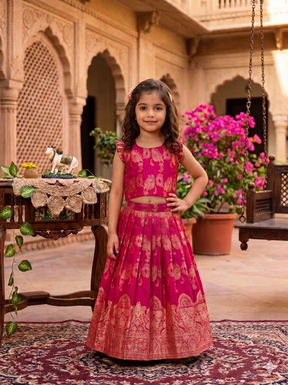 Evanik Ranipink Banarasi Silk Kids Lehenga Choli Set with Zari Jacquard Work for Girls