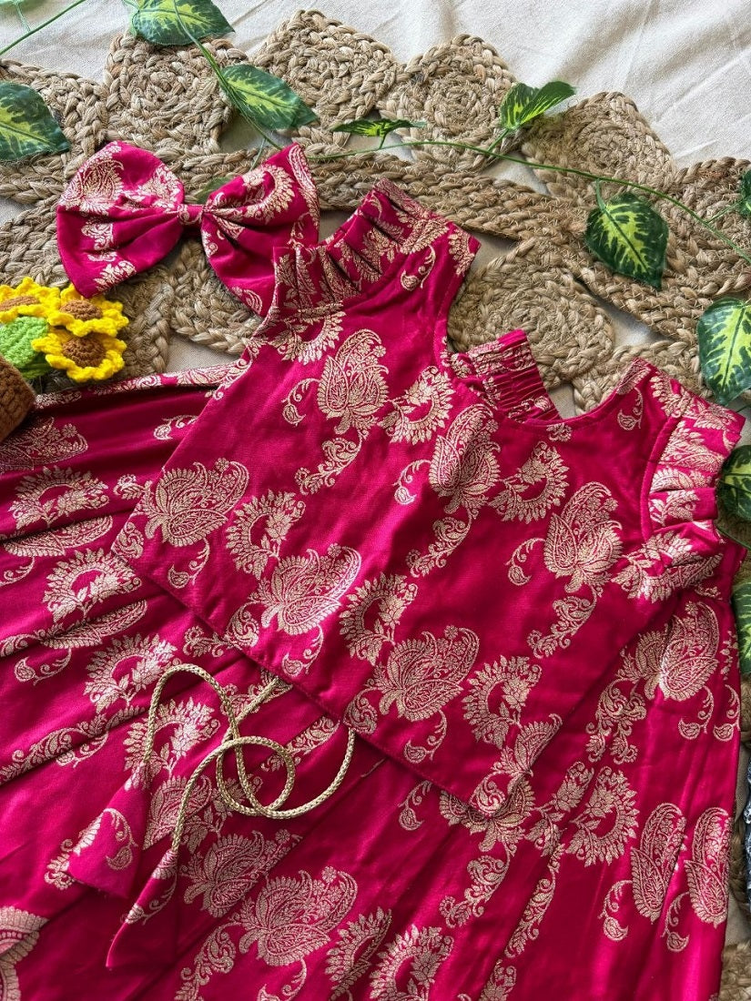 Evanik Ranipink Banarasi Silk Kids Lehenga Choli Set with Zari Jacquard Work for Girls