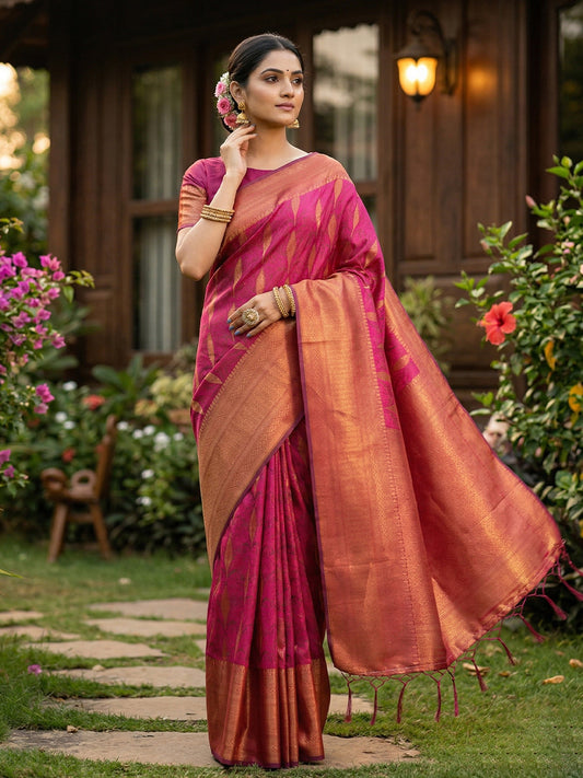 Anaita Rani Pink Silk Blend Woven Saree With Blouse