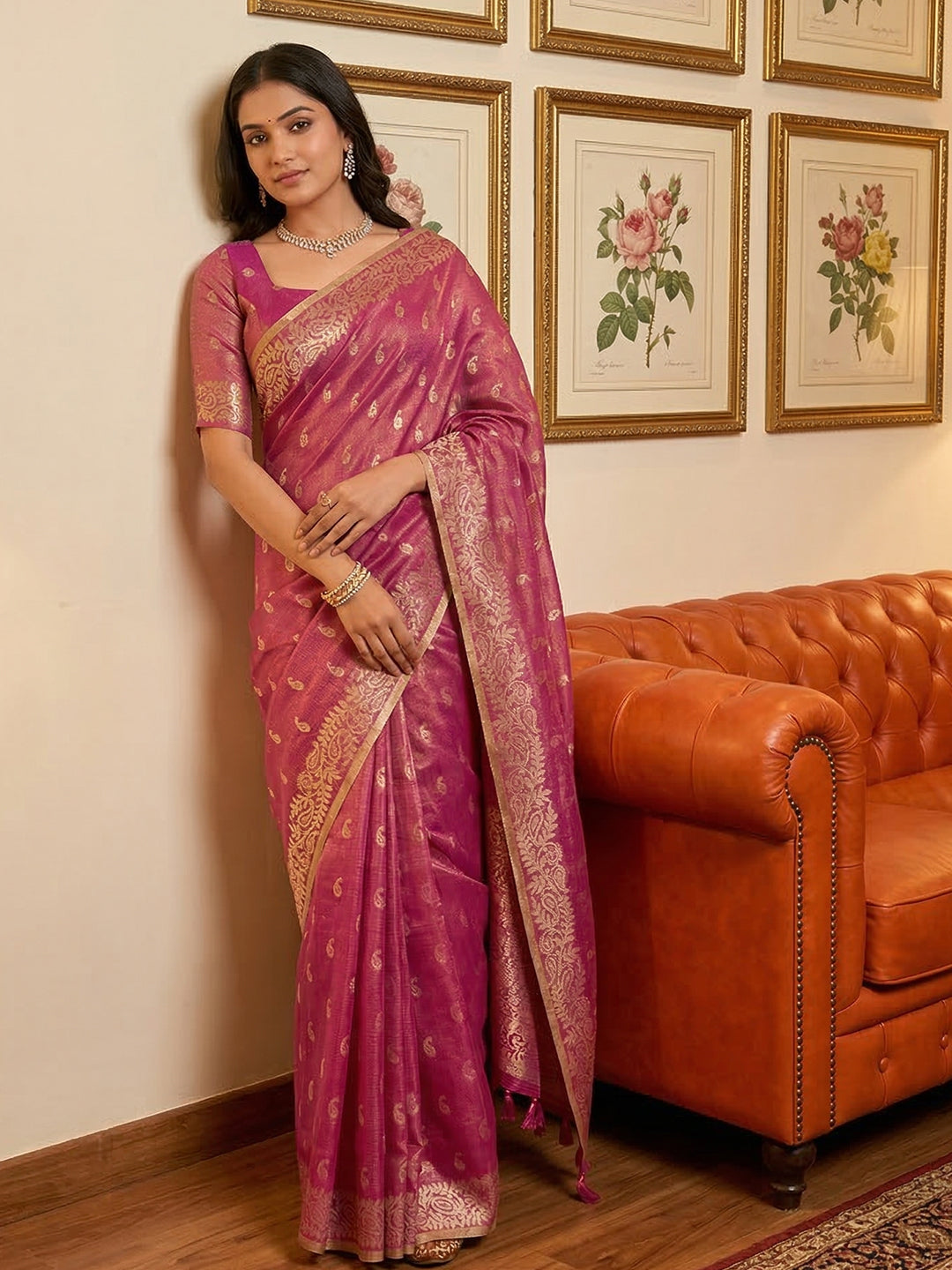 Anaita Rani Pink Woven Tissue Silk Saree With Blouse