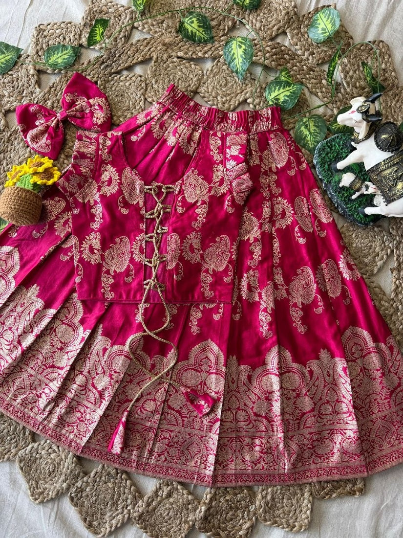 Evanik Ranipink Banarasi Silk Kids Lehenga Choli Set with Zari Jacquard Work for Girls