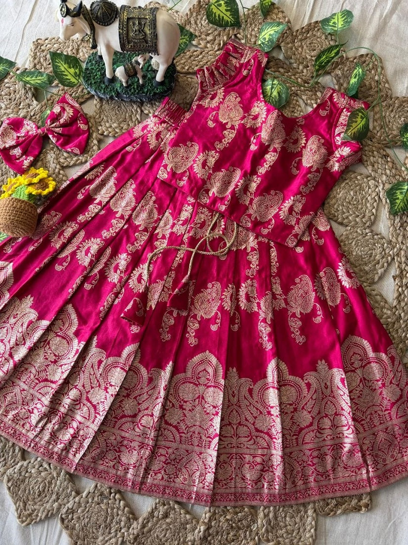 Evanik Ranipink Banarasi Silk Kids Lehenga Choli Set with Zari Jacquard Work for Girls
