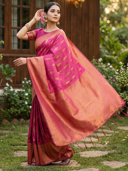 Anaita Rani Pink Silk Blend Woven Saree With Blouse