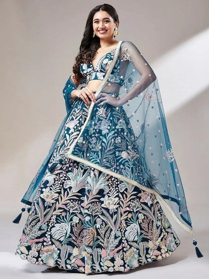 Tulsi Art Ravishing Teal Blue Color Sequins Soft Net Party Wear Lehenga Choli