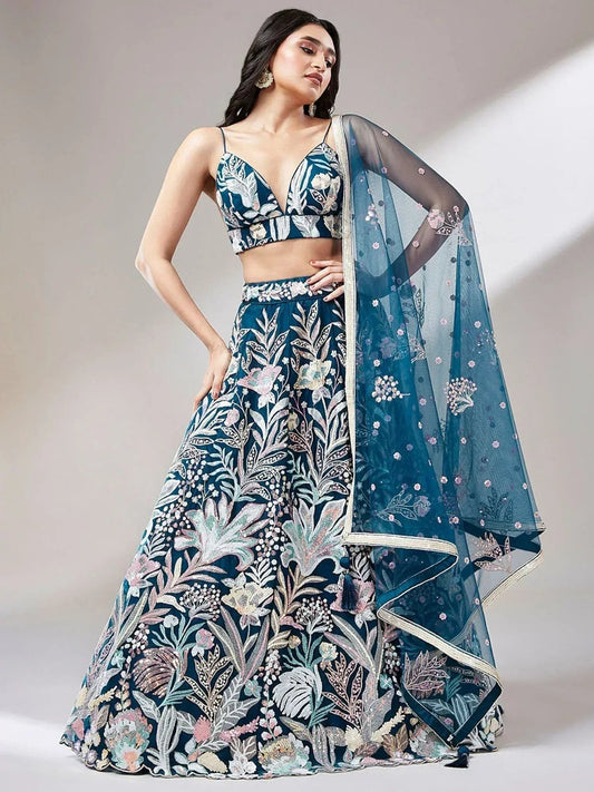 Tulsi Art Ravishing Teal Blue Color Sequins Soft Net Party Wear Lehenga Choli