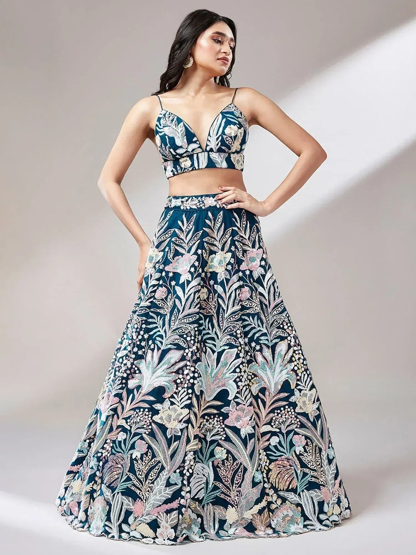 Tulsi Art Ravishing Teal Blue Color Sequins Soft Net Party Wear Lehenga Choli