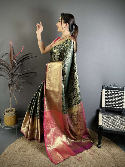 Prime Volt Pure Handloom Kanjivaram Katan Silk Saree with Antique Zari & Contrast Pallu-Green
