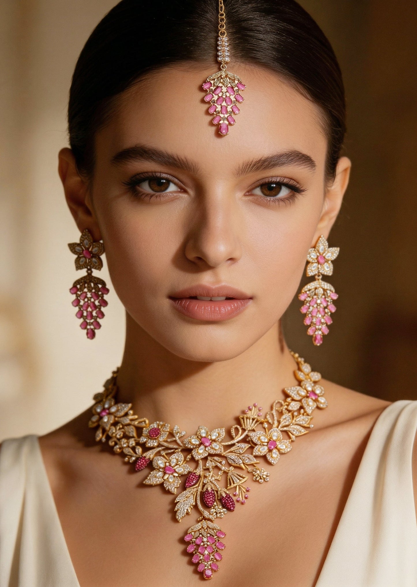 Red And Gold Floral Stone Necklace Set With Maangtikka