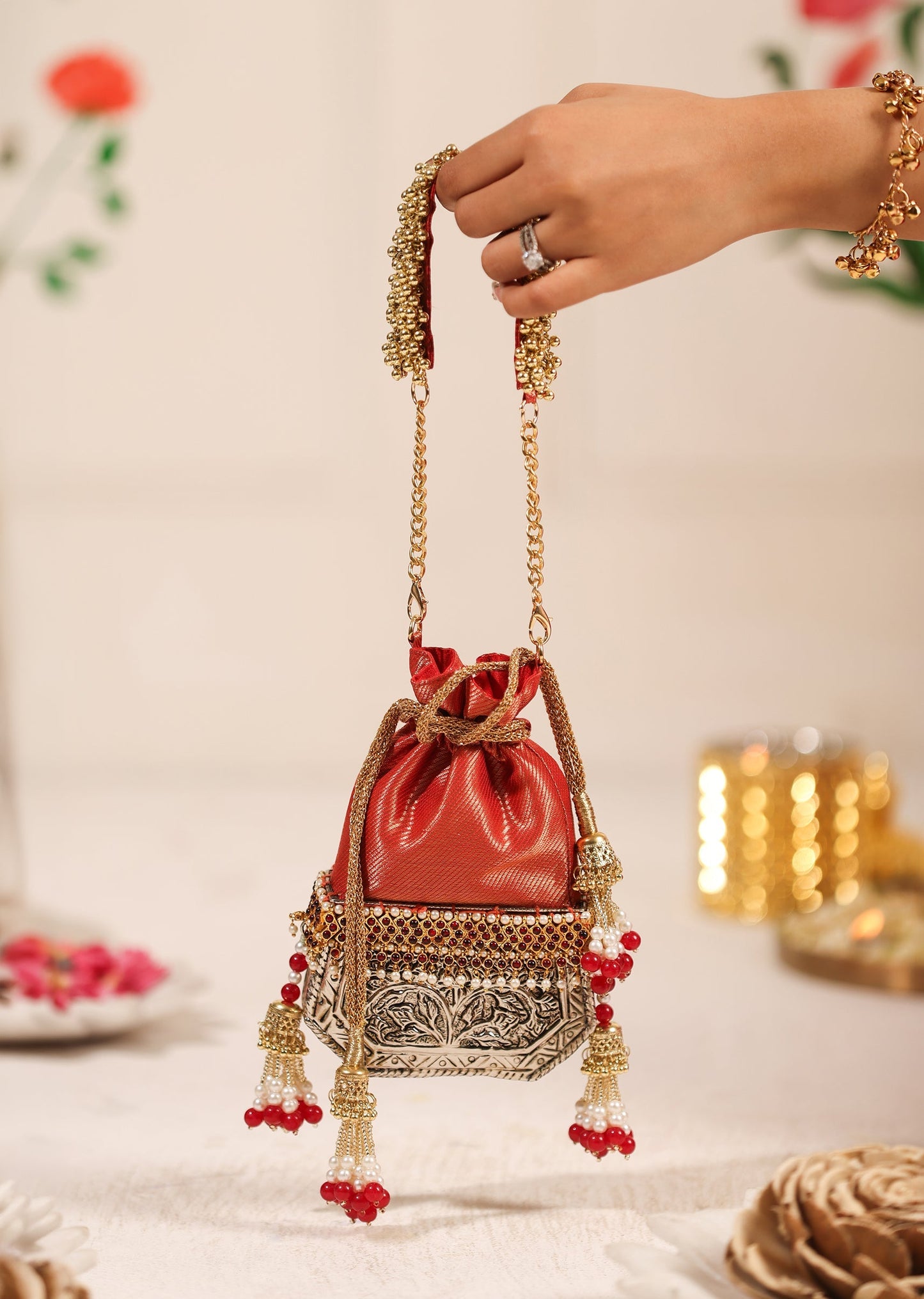 Red And Silver Brocade Potli Bag