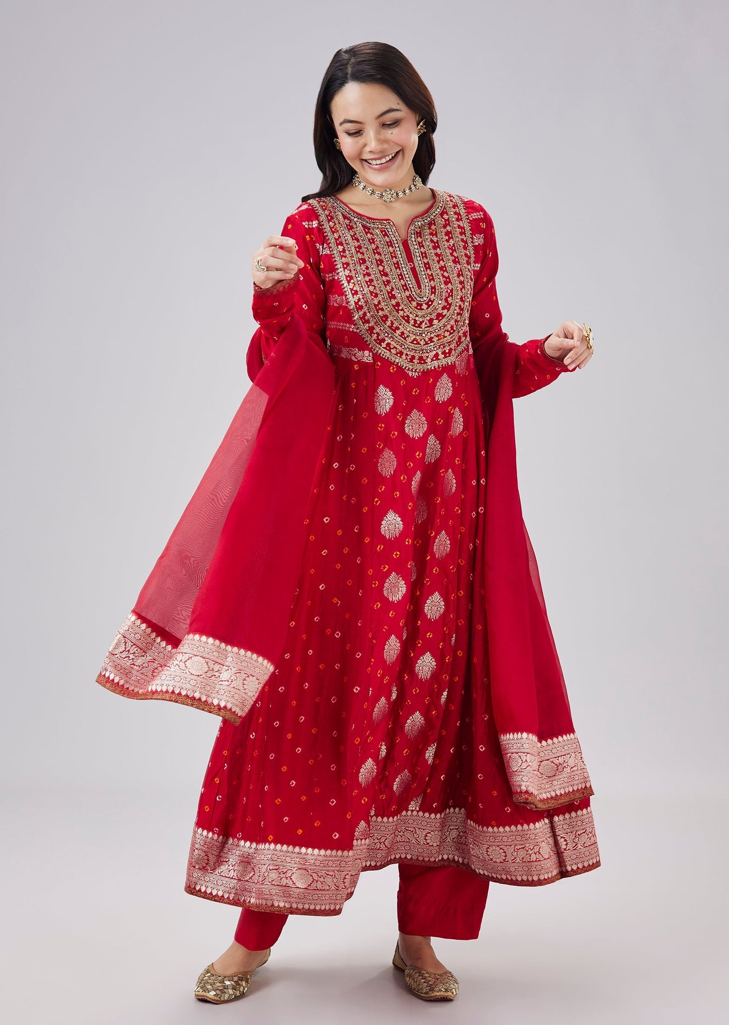 Red Banarasi Bandhani Silk Anarkali Set With Dupatta