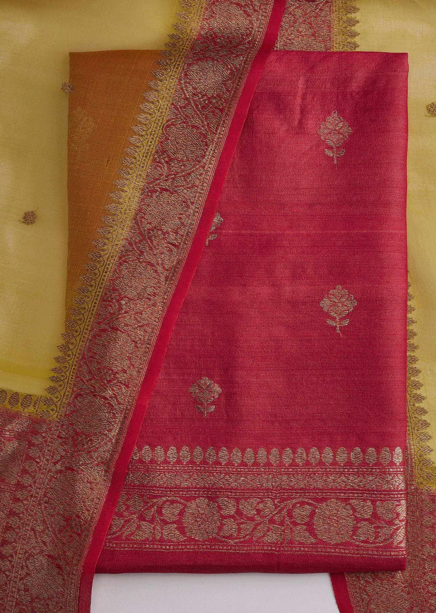 Red Banarasi Silk Unstitched Suit Set