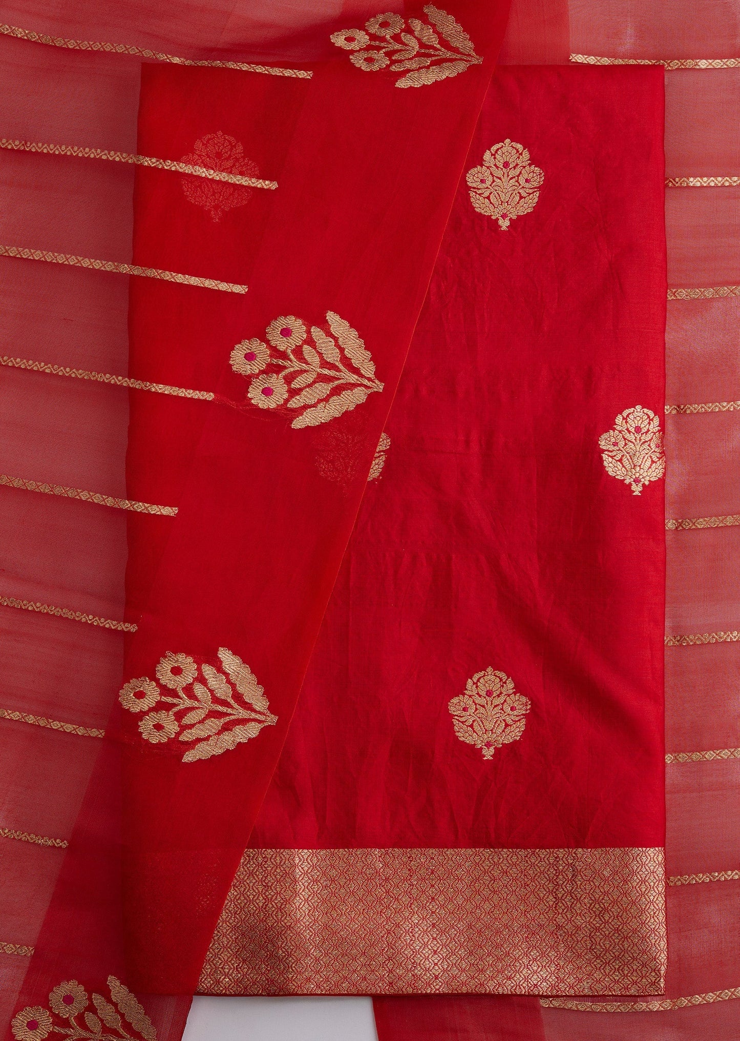 Red Banarasi Silk Unstitched Suit Set With Dupatta