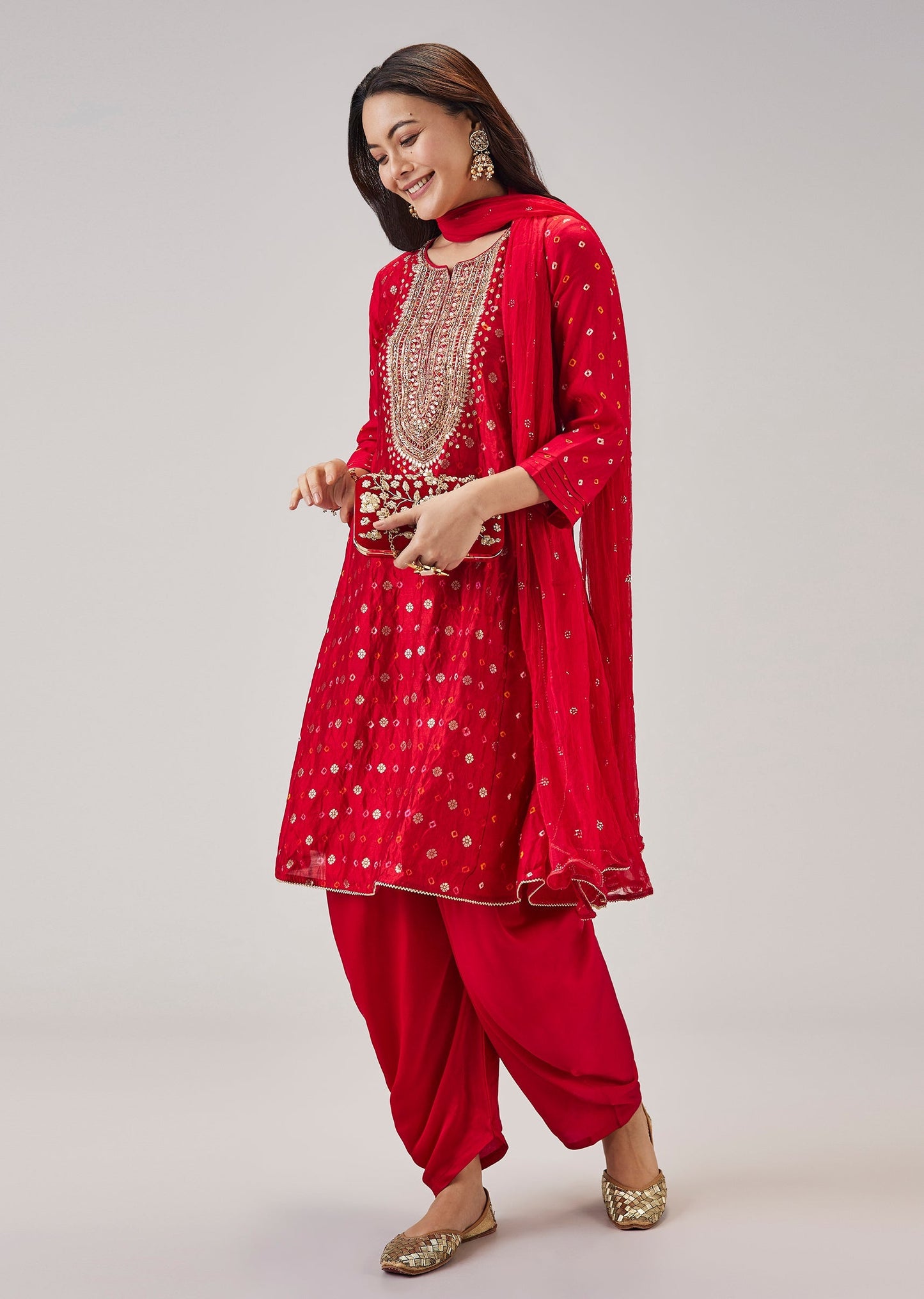 Red Bandhani Dhoti Pant Set With Gota Detailing