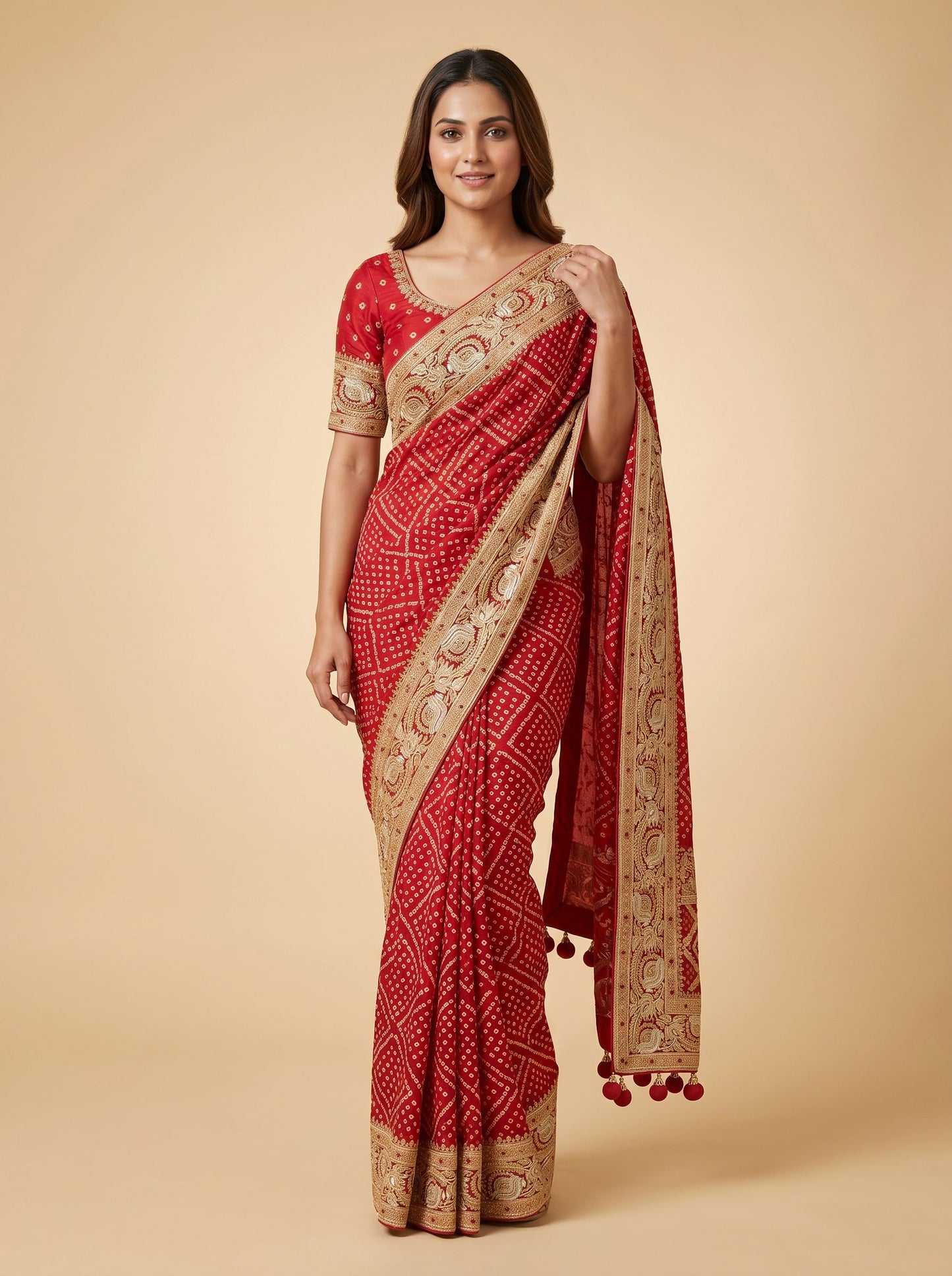 Red Bandhani Burst Saree