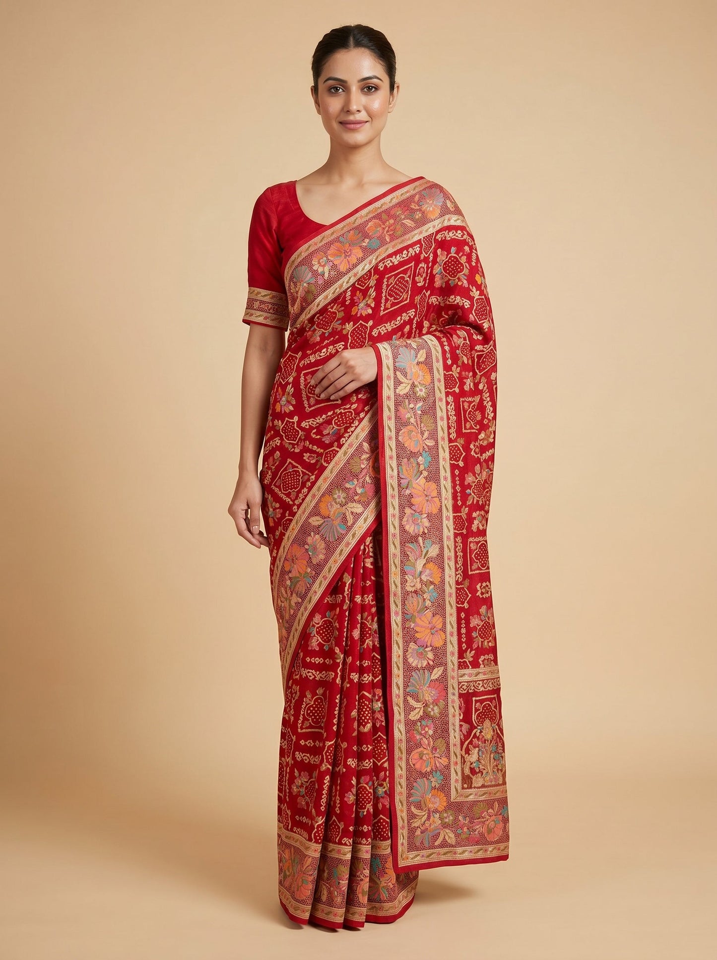 Red Bandhani Saree with Heritage Craft