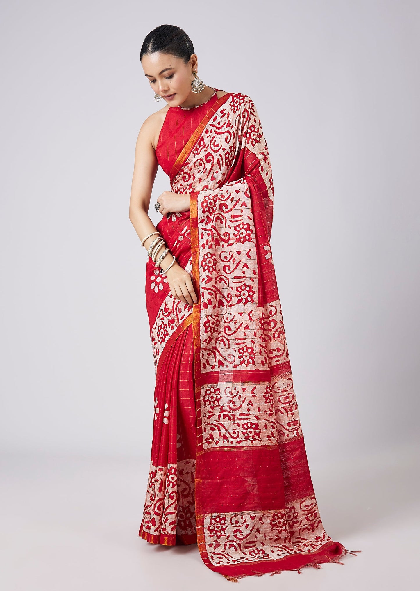 Red Batik Print Saree with Unstitched Blouse
